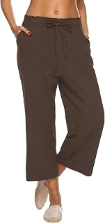 LNX Women's Linen Pants Wide Leg High Waisted Capri Pants with Pockets