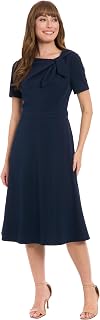 London Times Women's Women's Bow Neckline A-line Midi - Short Sleeve Evening Party Cocktail Dress