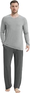 NACHILA Men's Bamboo Pyjama Set Long Sleeve Sleepwear V Neck PJ Top with Soft Long Trousers S-XXL