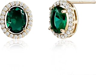 Weviway Sterling Silver Stud Earrings for Women, Green Emerald/Black Onyx Hypoallergenic Birthstone Earrings, Elegant Gemstone Jewellery Gifts for Her
