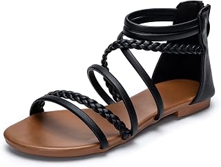 youngshow Women's Braided Strappy Sandals - Open Toe Dressy Gladiator Flat Sandals with Back Zipper, Casual Summer Beach Shoes