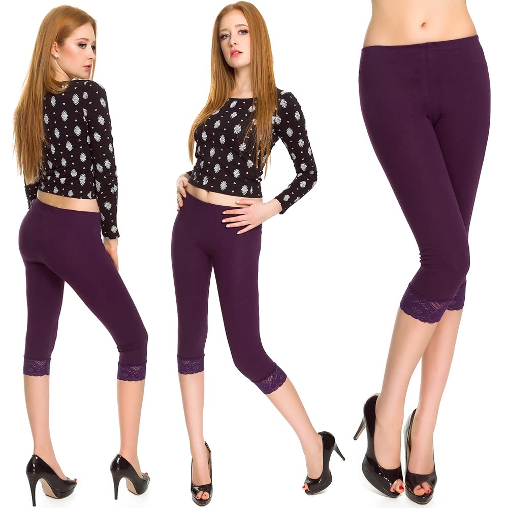 Women's 3/4 Length Leggings with Lace - Opaque Capri Trousers Made of Cotton - S