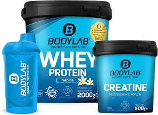 Bodylab24 Megadeal Basic Aufbau, Whey Protein Vanille, Creatine Monohydrate + Shaker für Kraftsport und Fitness, kann den Aufbau und Erhalt von Muskelmasse unterstützen