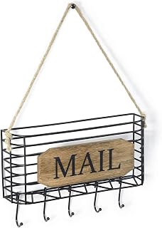 SRIWATANA Mail Organizer Wall Mount, 5 Key Hooks, Small, Carbonized Black | Rustic Mail & Key Holder for Wall, Hanging Mail Sorter, Letter Basket for Receipts Bills Envelopes, Home & Office Organizer