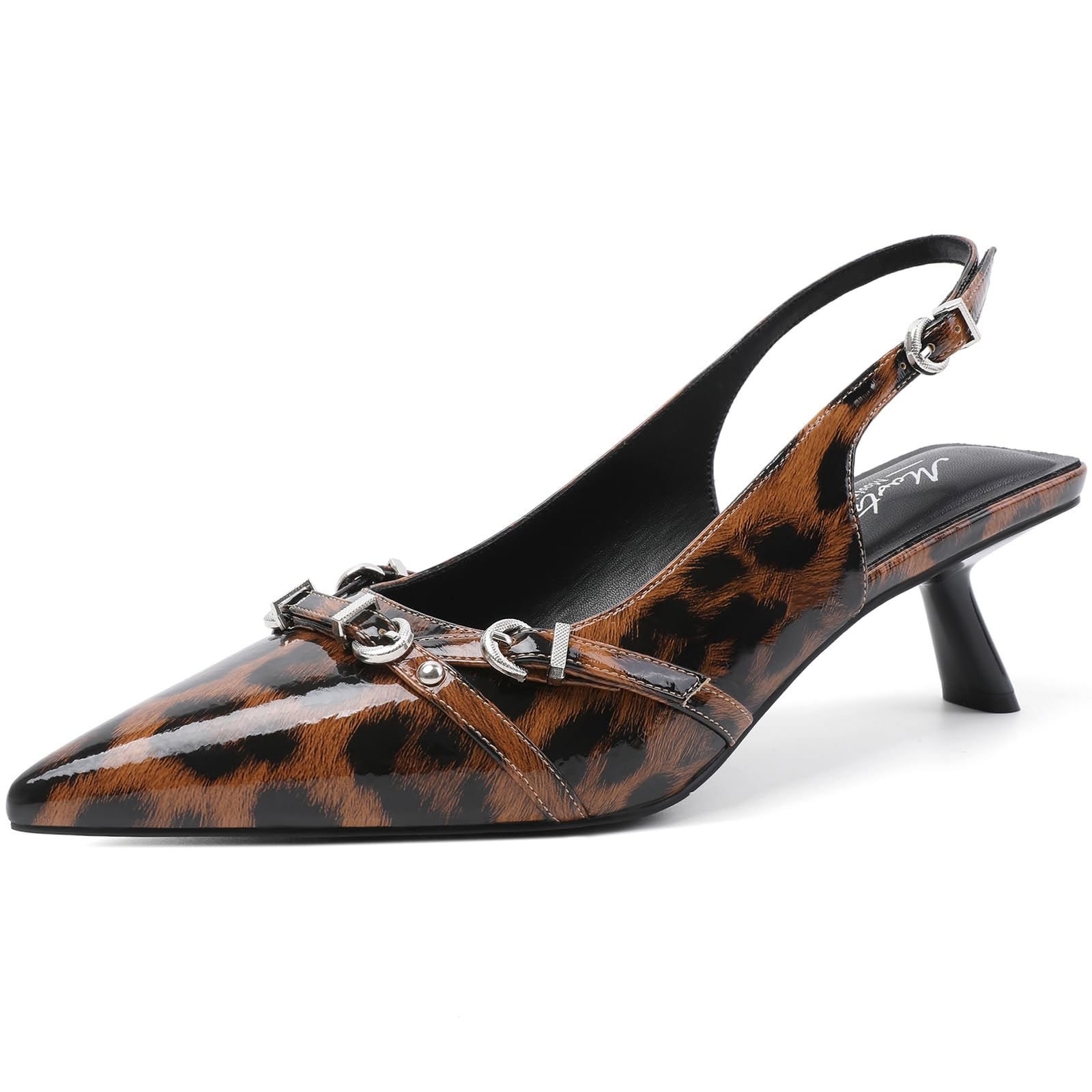 Mostrin Kitten Heels for Women Pointed Toe Pumps Patent Leather Low Heel Slingba