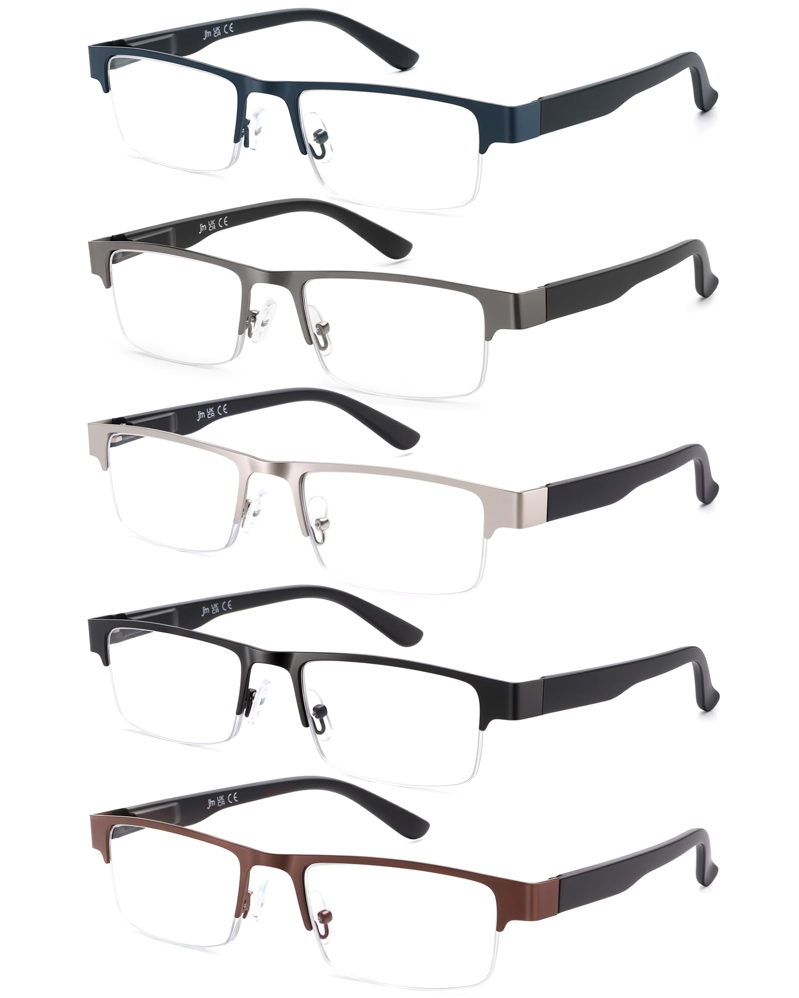 JM Reading Glasses Men 5 Pack Metal Frame Blue Light Readers Spring Hinge