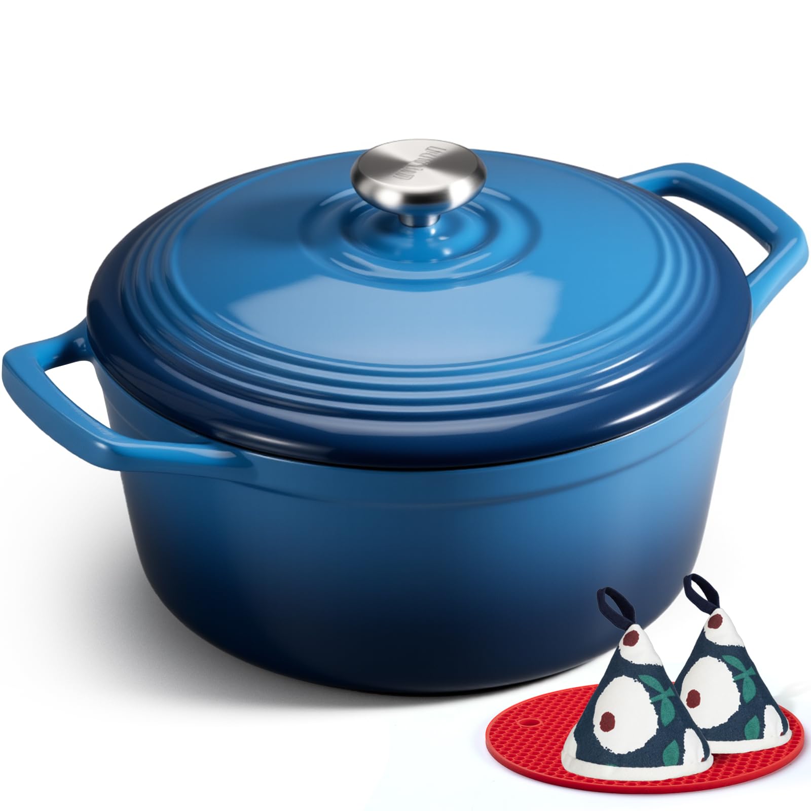 Overmont 28cm/6.6L Enamelled Cast Iron Round Casserole Pot, Sapphire blue