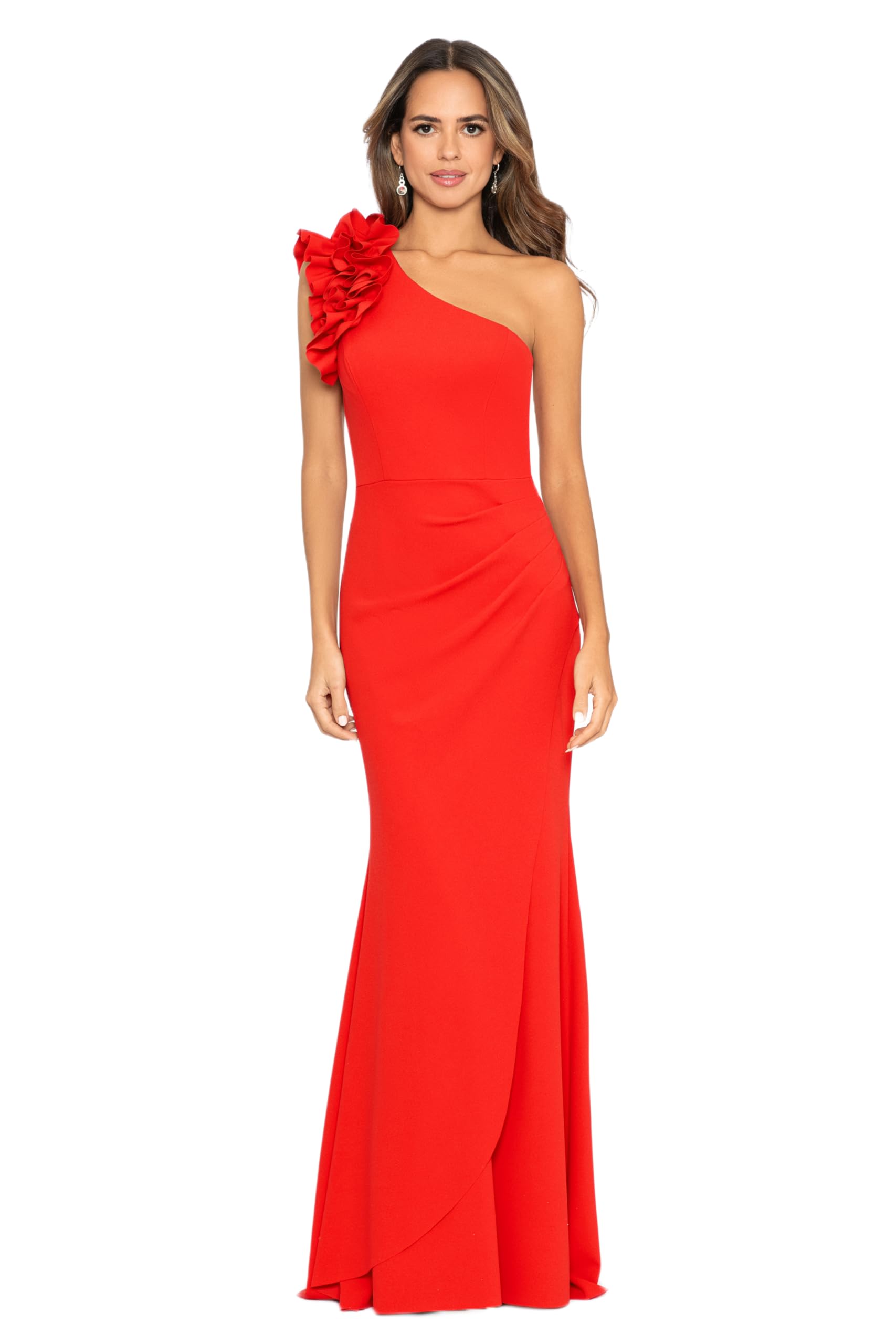 Xscape Women's One-Shoulder,Floor-Length, Scuba Crepe Dress, with Ruffle Detail 