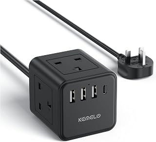 3M Extension Kemelo 4 Way (13A/3250W) Plug Socket with 3 USB & 1 USB C, Child Safety Power Strip for Home Desk Office
