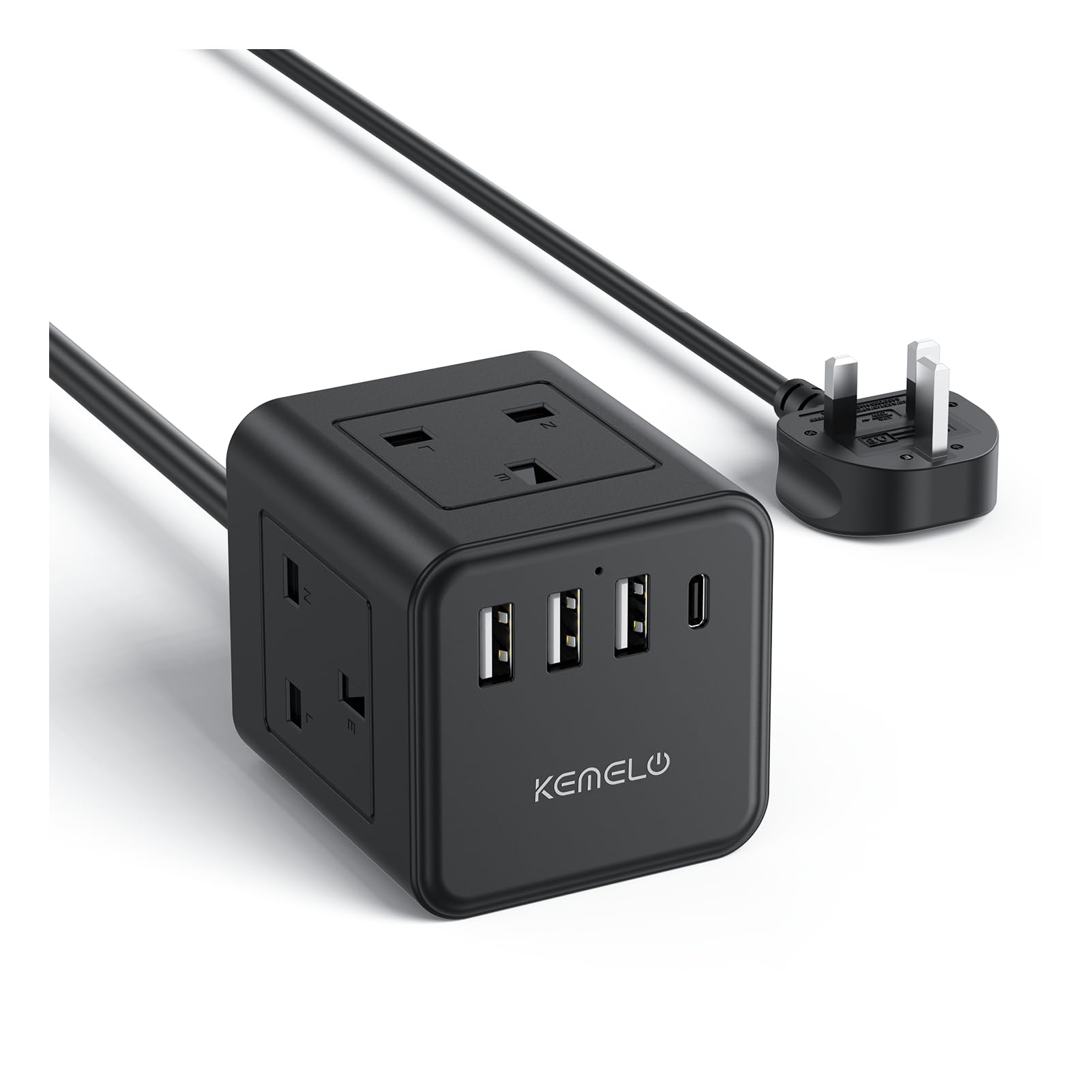 3M Extension Kemelo 4 Way (13A/3250W) Plug Socket with 3 USB & 1 USB C, Child Sa