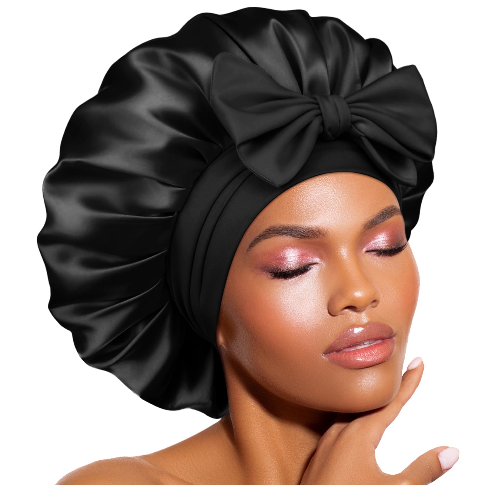 BONNET QUEEN Adjustable Silk Hair Bonnet Cap for Curly Hair with Long Laces Soft