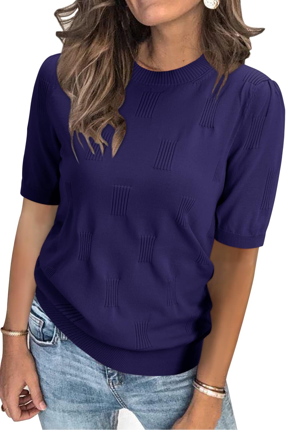 Arach&Cloz Women's Elegant Short Sleeve Knitted Crew Neck Sweatshirt