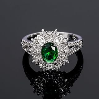 White Gold Plated Green Cubic Zirconia Flower Engagement Ring Wedding Bridal Band Promise Ring Evening Party Anniversary Valentine's Day Gift Eternity Band for Women