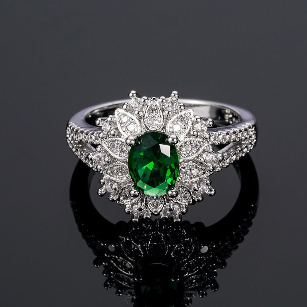 White Gold Plated Green Cubic Zirconia Flower Engagement Ring Wedding Bridal Ban