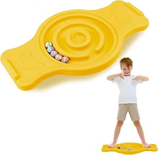 Seenelling Plastic Maze Balance Board for Kids, with Handles, Yellow | 24.5 x 11.8 Inch Rocker Board with Mini Balls, Load 220lb Balance Game, for Toddler Balancing Exercise Equipment Game