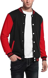 COOFANDY Chaqueta universitaria de moda para hombre Causal Slim Fit Algodón Bomber Chaquetas, Negro/Rojo, Large