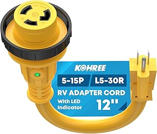 Kohree RV Adapter Plug 30 Amp to 15 Amp 110V, RV Power Electrical Adapter Cord 15A Male to 30A Female 12" with Twist Lock &amp; LED Indicator