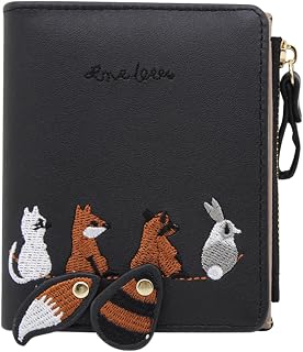 Women Wallet PU Zipper Snap Button Wallet Bifold Wallet with Embroidered Pattern for Travel Work, Black, Casual