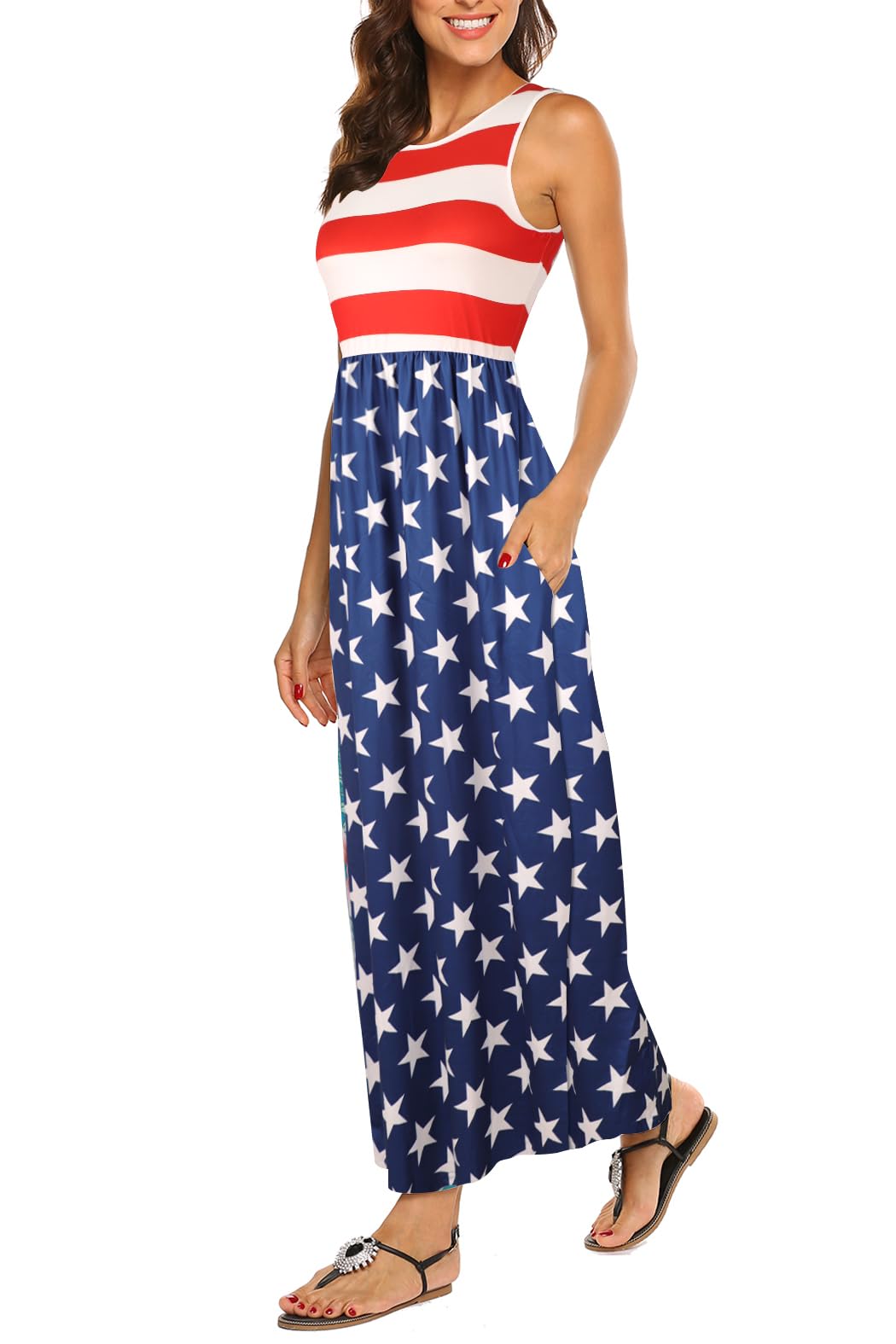 Hount Women's Summer Sleeveless Striped Flowy Casual Long Maxi Dress with Pocket