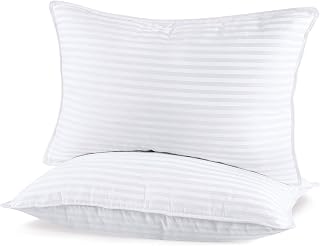 SHERWOOD Hotel Collection Pillows 2 Pack with Cotton Cover, Queen | Ultra comfy 1.5D down alternative fill offers great softness & support, white striped bed pillows, 20x30 inch