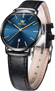 OLEVS Women's Watches for Women Leather Strap Waterproof Slim Minimalist Casual Simple Quartz Analog Date Calendar Navy Face Black Band Wrist Watches