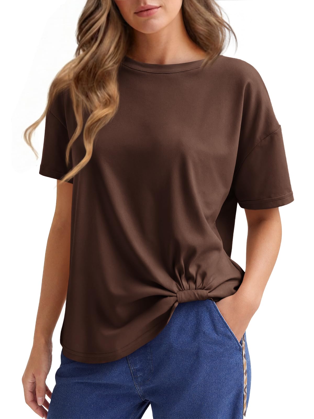 Cicy Bell Womens Summer Casual T-Shirts Loose Fit Twist Front Basic Tees
