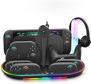 Charging Station for Switch 2 with Cooling Fan DOBEWINGDELOU Controller Charger for JoyCons and Pro Dock Stand with RGB Light 2 USB Ports 7 Game Card Slots LED Indicators