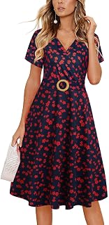 Summer Dresses for Women 2025 Elegant Deep V Neck Short Sleeve Casual Knee Length New Midi Dress with Pockets DJ980-2