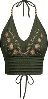 SHENHE Women's Crochet Halter Top Lace Up Backless Embroidered Knitted Hippie Boho Top