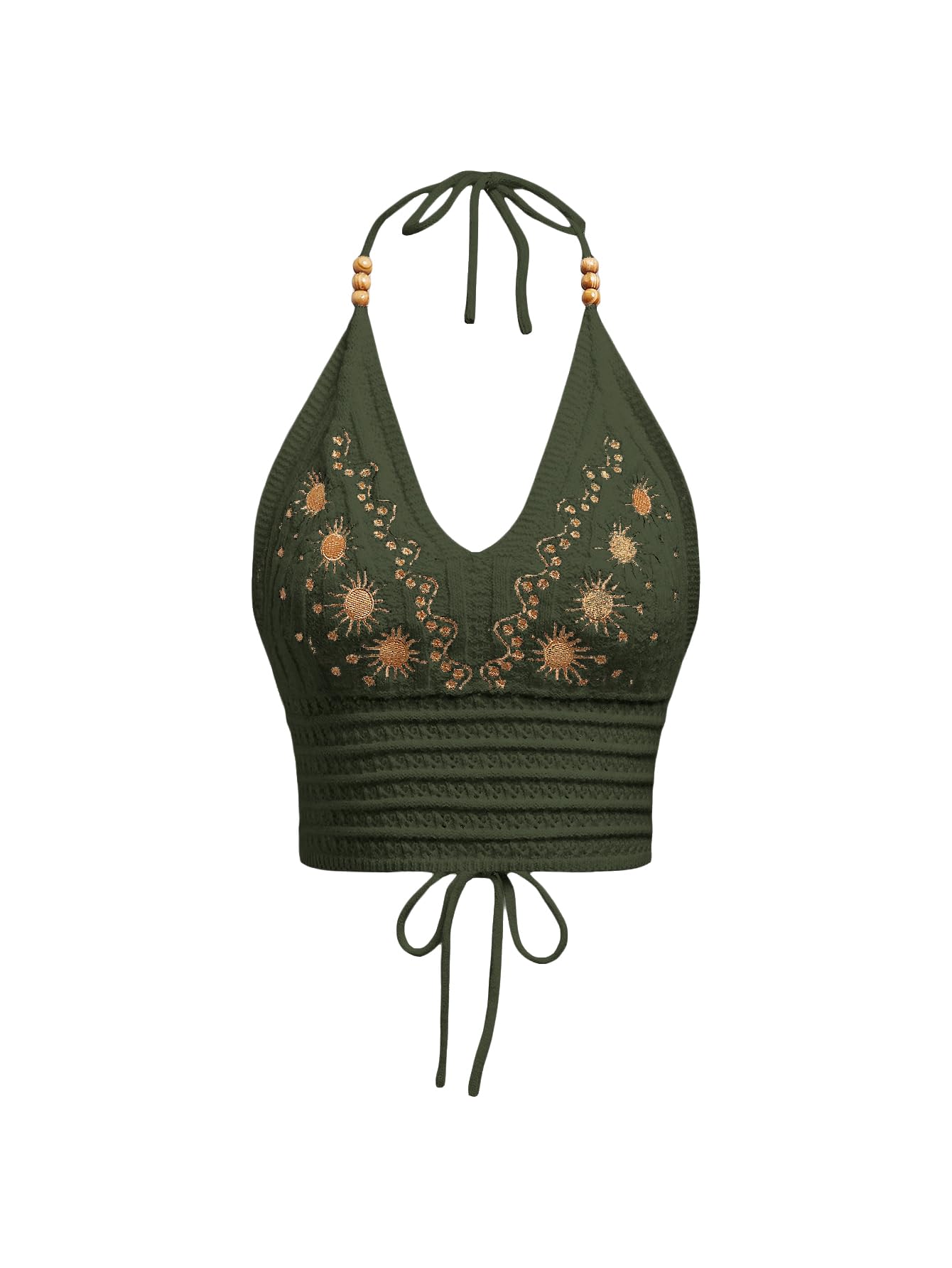 SHENHE Women's Crochet Halter Top Lace Up Backless Embroidered Knitted Hippie Bo