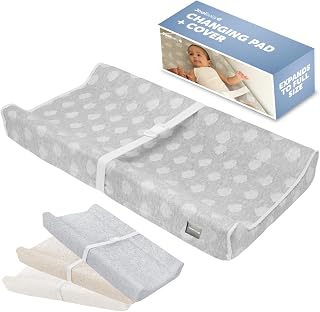 Jool Baby Soft Changing Pad + Washable Cover - (Cloud Pattern, Gray) | Makes Changing Time Easier With Contoured Sides &amp; Safety Strap – Includes Machine Washable Zip-Off Cover for Easy Cleaning
