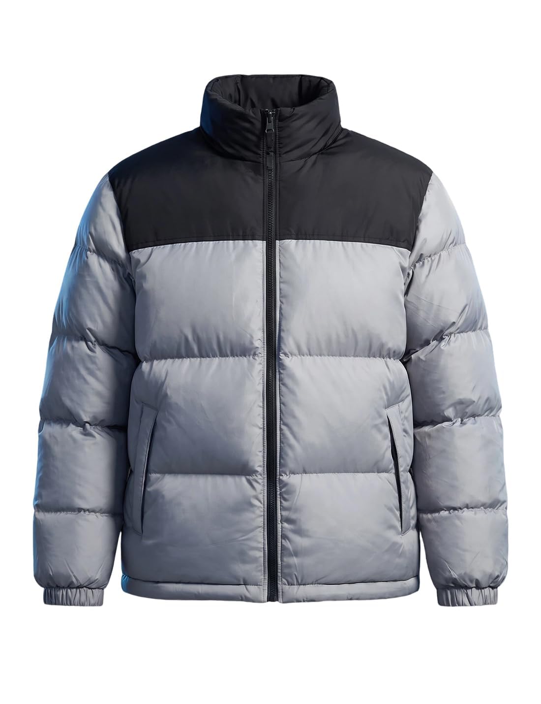 Men's Puffer Jacket Thickened Winter Coat Warm Stand Collar Color Block Zip Up J