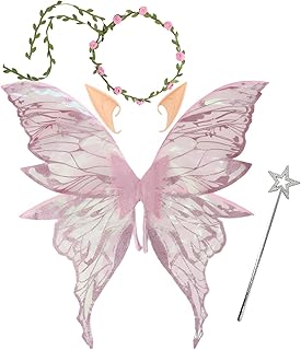 Snycler Fairy Wings for Adults and Women, Fairy Costume Set with Floral Garland, Wand & Elf Ears Butterfly Wings