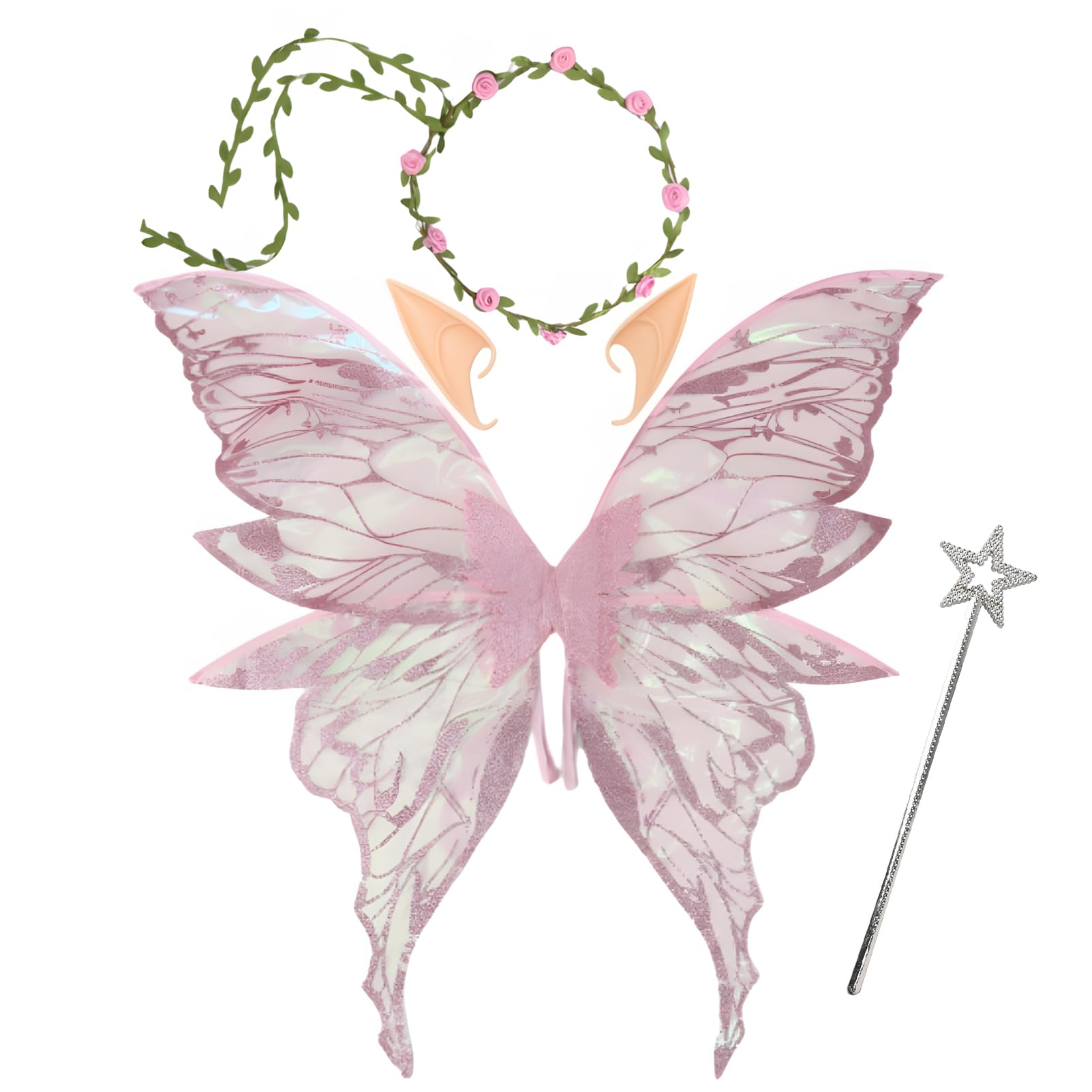 Snycler Fairy Wings for Adults and Women, Fairy Costume Set with Floral Garland,