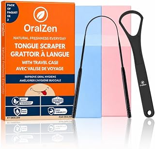 OralZen Tongue Scraper with Case Easy to Use Tongue Scraper for Adults, Reduce Bad Breath, Metal Tongue Scraper, Stainless Steel Tongue Scraper, Tongue Cleaner for Oral Care & Hygiene (2 in 1 Black)