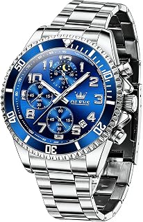 OLEVS Mens Watches Luxury Stainless Steel Big Face Waterproof Moon Phase Luminous Rotating Bezel Dress Watch,Blue/Black/Green/Gold/Face Daily Business Wear
