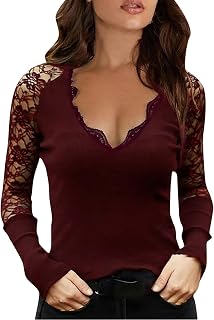 Onsoyours Blouses Women's Elegant Long Sleeve Tops V-Neck Shirt Patchwork Lace Loose Chiffon Blouses Casual T-Shirt Solid Color Blouse