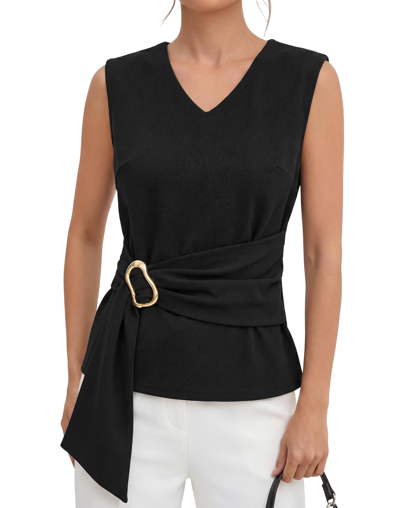Cuffbow Women Dressy Blouses Buckle V Neck Sleeveless Tops Work Summer Tunic Spr