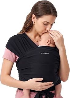 Momcozy Baby Wrap Carrier, Easy-On 2-Piece Design, Newborn to 33 lb | Easy On Like a T-Shirt, XXS-XXL Adjustable Fit, IHDI Hip-Healthy, Lightweight Hands-Free Comfort Baby Sling Carrier, Black