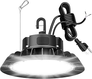 UFO LED High Bay Light 150W, Wattage Selectable No Flicker High Bay Light 0-10V Dimmable, 5' Cable with US Plug, Hanging Hook, Safe Rope, ETL Listed High Bay Shop Light for Warehouse Factory Barn Shop