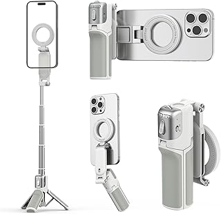AMAZEAR Phone Camera Grip with Selfie Stick Tripod, Cellphone Accessories for iPhone 16 17 18 Pro Max with Multi-Functional Bluetooth Controller, Comfort Ergonomic Handle Holder, White
