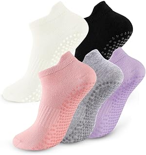 kepiibi 5 Pairs Pilates Socks with Grips for Women Non Slip Grip Yoga Crew Socks for Barre Hospital Barefoot