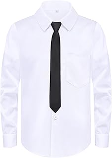 MagicSite Boys Long Sleeve Button-Down Dress Shirts with Tie: 2 Fabrics (Stretch/Standard) & 2 Fits (Regular/Husky)