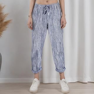 Women Summer Striped Pocket Elastic Waist Loose Nine Part Pants Casual Pants