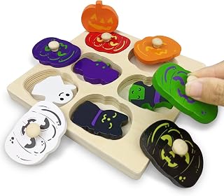 Pinkiwine Halloween Pumpkin Wooden Peg Puzzles Montessori Educational Toys for Kids Halloween Toys Party Favors Treat Bags Gifts