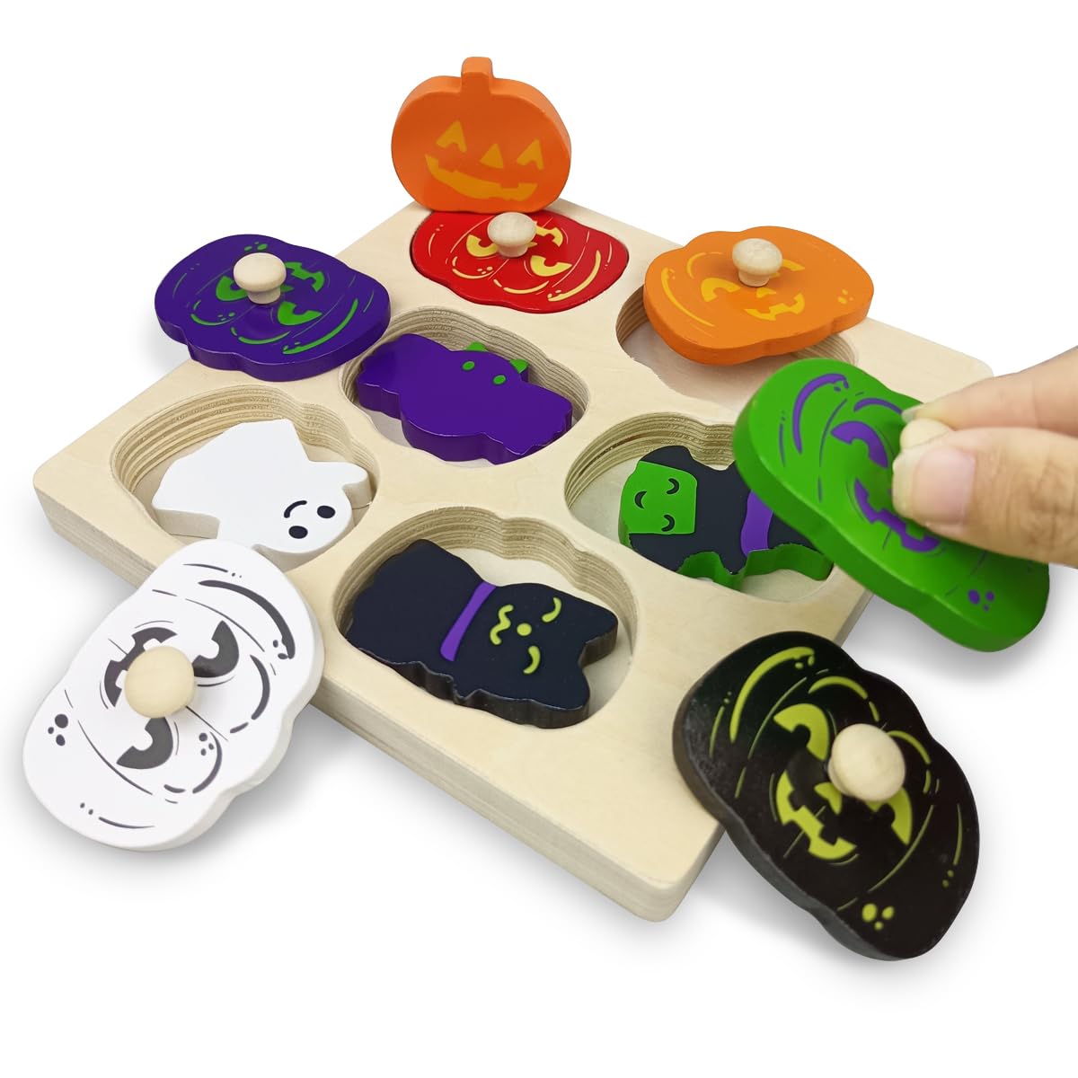 Pinkiwine Halloween Pumpkin Wooden Peg Puzzles Montessori Educational Toys for K