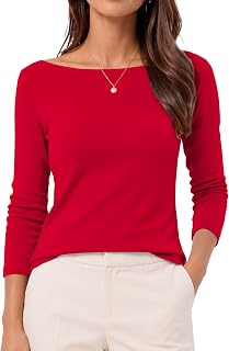 QUALFORT Womens Boat Neck 3/4 Sleeve T-Shirts Slim Fit