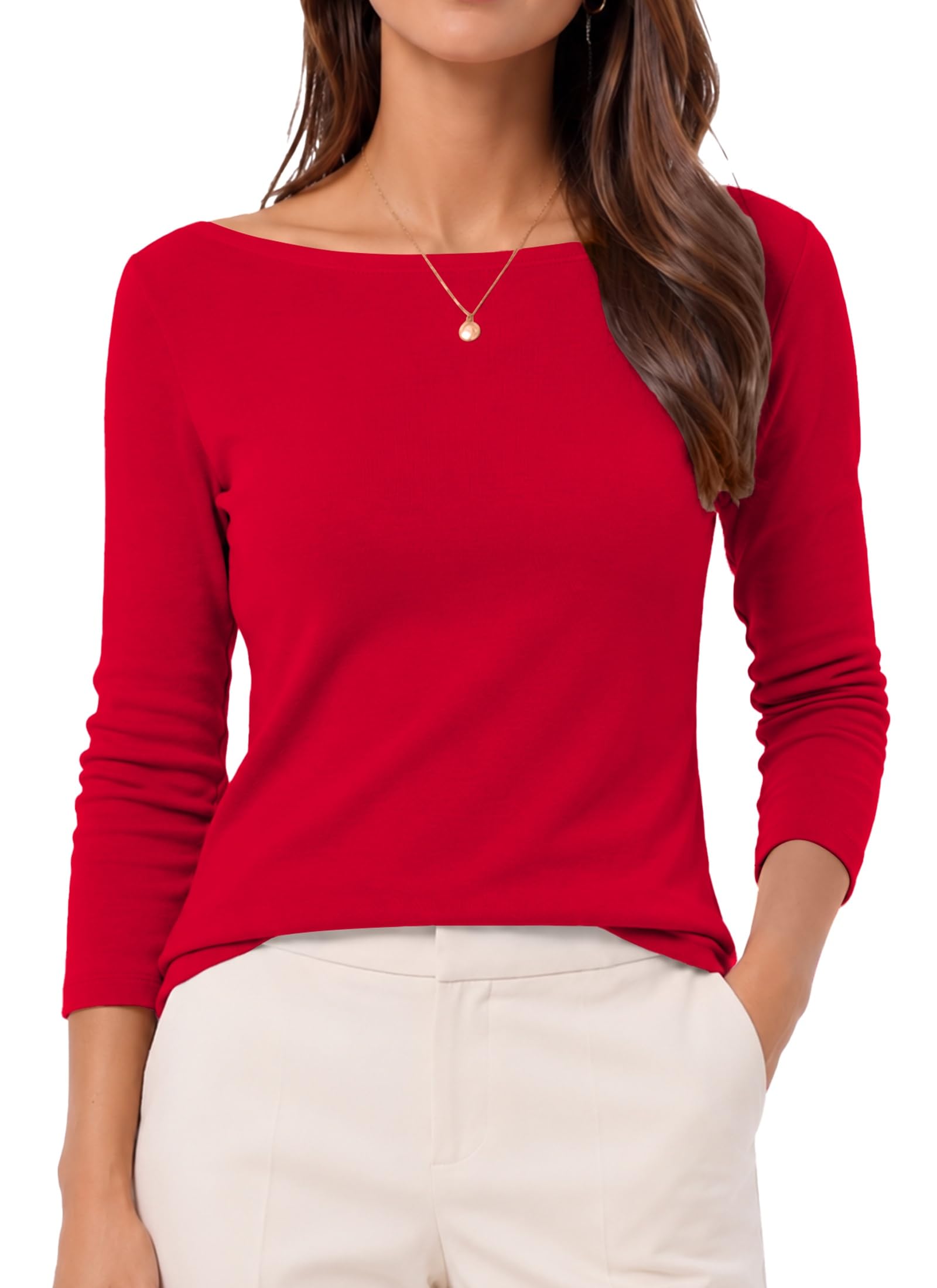 QUALFORT Womens Boat Neck 3/4 Sleeve T-Shirts Slim Fit