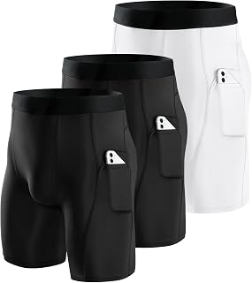Niksa 1 or 3 Pack Mens Compression Shorts Running Base Layer Shorts Men's Workout Shorts with Cell Phone Pockets Tight Dry and Breathable Sports Shorts for Cycling,Yoga,Boxing,Gym