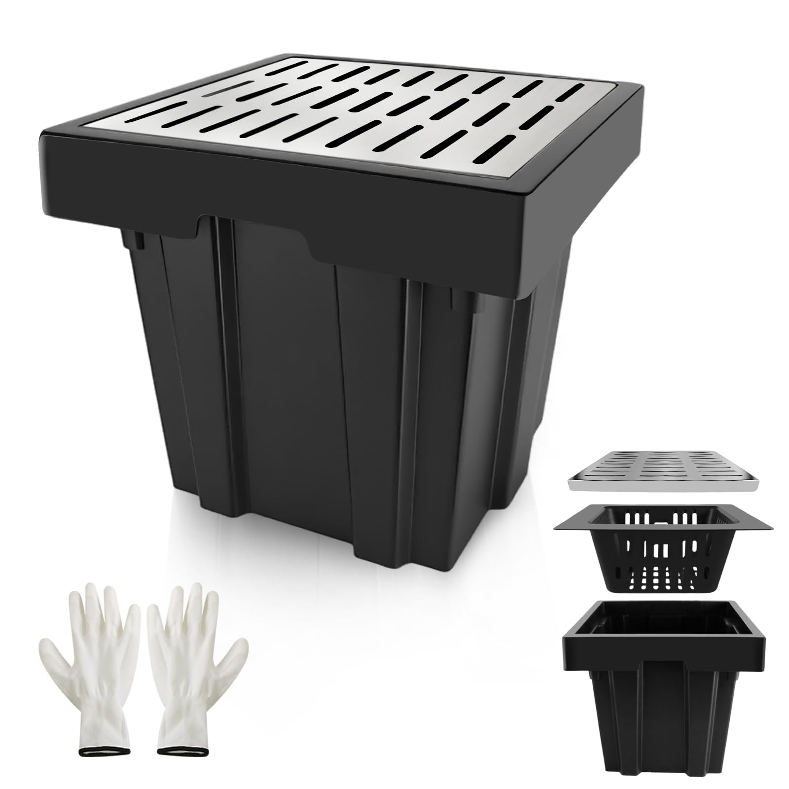 18x18x15 Inch Catch Basin with Stainless Steel Grate, Large Drainage Basin with 